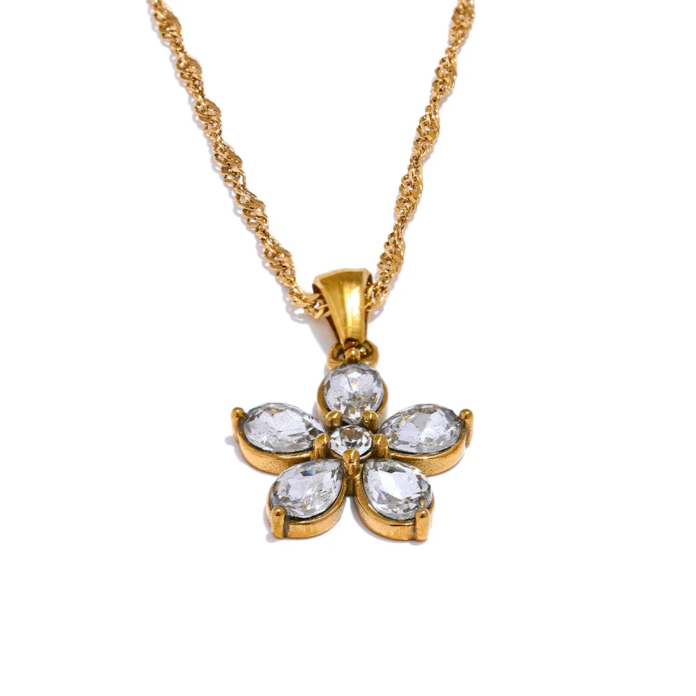 Yhpup Bling Cubic Zirconia Flower Pendant Necklace High Quality Stainless Steel Sweet Fashion Trendy Stylish Jewelry Waterproof