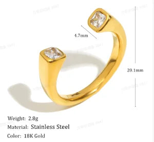 E.B.belle Heart Clear Zircon Flower Pearl Double Snake Heads Open Ring 18K Gold Plated Stainless Steel Party Women Jewlery