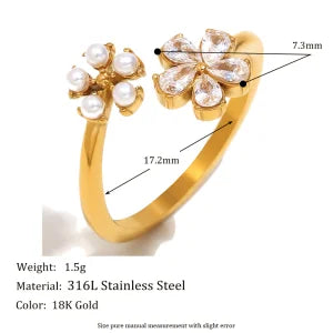 E.B.belle Heart Clear Zircon Flower Pearl Double Snake Heads Open Ring 18K Gold Plated Stainless Steel Party Women Jewlery