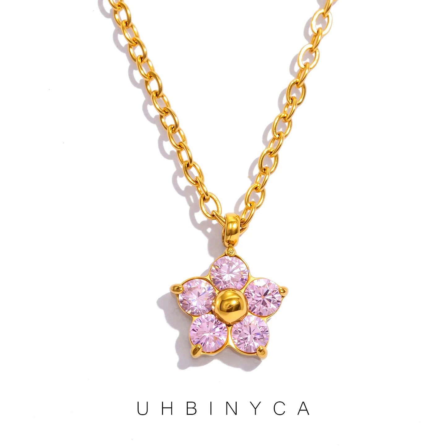 Dainty Plum Blossom Pendant Necklace with CZ - 18K Gold Plated Stainless steel, Hypoallergenic Jewelry for Women Everyday Wear