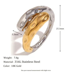 E.B.belle Heart Clear Zircon Flower Pearl Double Snake Heads Open Ring 18K Gold Plated Stainless Steel Party Women Jewlery