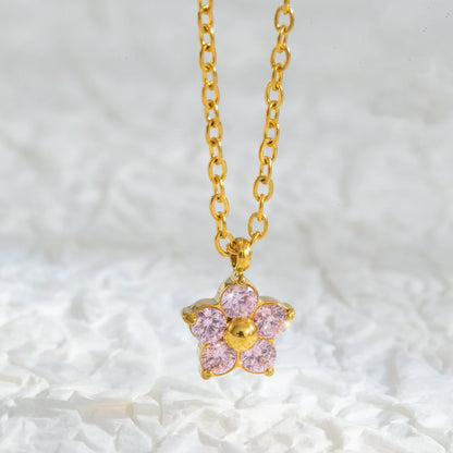 Dainty Plum Blossom Pendant Necklace with CZ - 18K Gold Plated Stainless steel, Hypoallergenic Jewelry for Women Everyday Wear