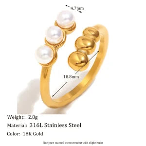 E.B.belle Heart Clear Zircon Flower Pearl Double Snake Heads Open Ring 18K Gold Plated Stainless Steel Party Women Jewlery