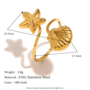 E.B.belle Heart Clear Zircon Flower Pearl Double Snake Heads Open Ring 18K Gold Plated Stainless Steel Party Women Jewlery