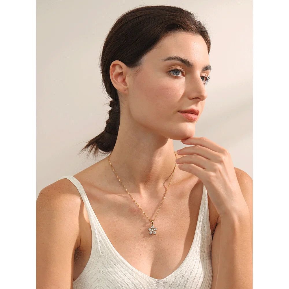 Yhpup Bling Cubic Zirconia Flower Pendant Necklace High Quality Stainless Steel Sweet Fashion Trendy Stylish Jewelry Waterproof