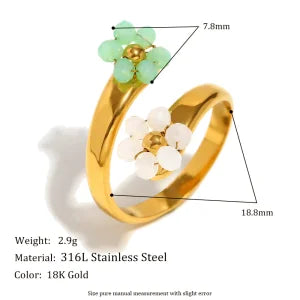 E.B.belle Heart Clear Zircon Flower Pearl Double Snake Heads Open Ring 18K Gold Plated Stainless Steel Party Women Jewlery