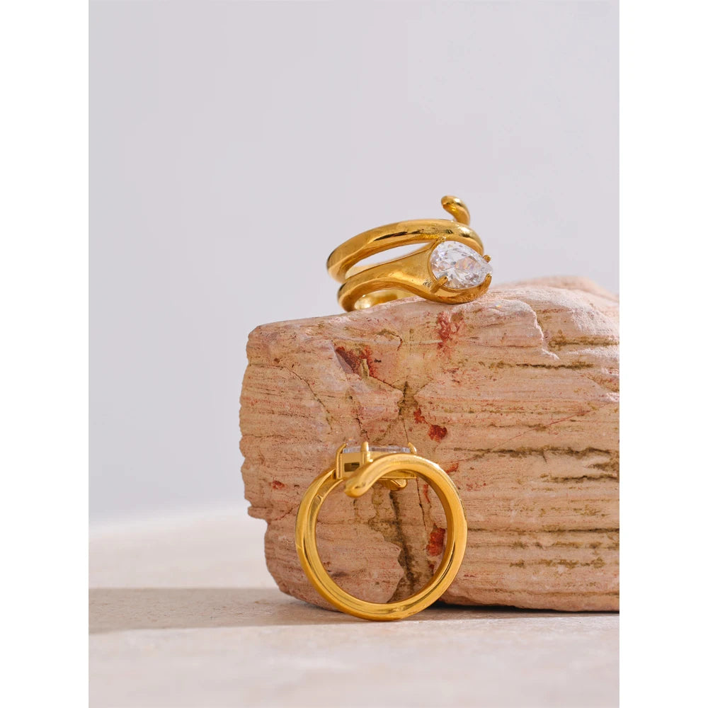 Yhpup 678# AAA Shiny Cubic Zirconia Snake Geometric Golden Ring Rust Proof Stainless Steel  Premium Jewelry 18K PVD Plated
