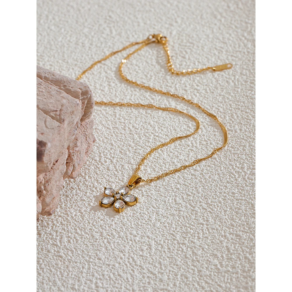 Yhpup Bling Cubic Zirconia Flower Pendant Necklace High Quality Stainless Steel Sweet Fashion Trendy Stylish Jewelry Waterproof