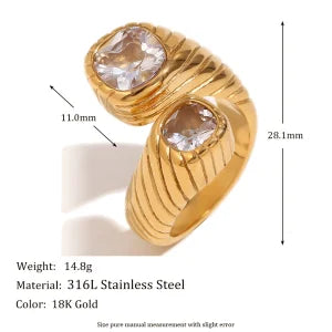 E.B.belle Heart Clear Zircon Flower Pearl Double Snake Heads Open Ring 18K Gold Plated Stainless Steel Party Women Jewlery