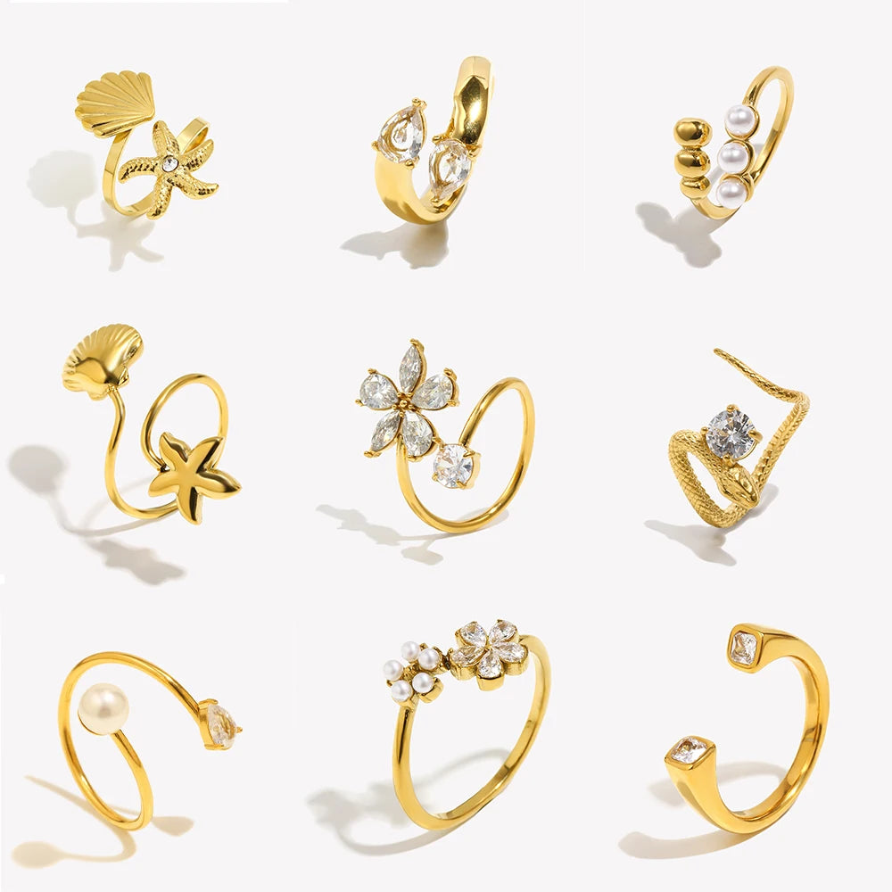 E.B.belle Heart Clear Zircon Flower Pearl Double Snake Heads Open Ring 18K Gold Plated Stainless Steel Party Women Jewlery