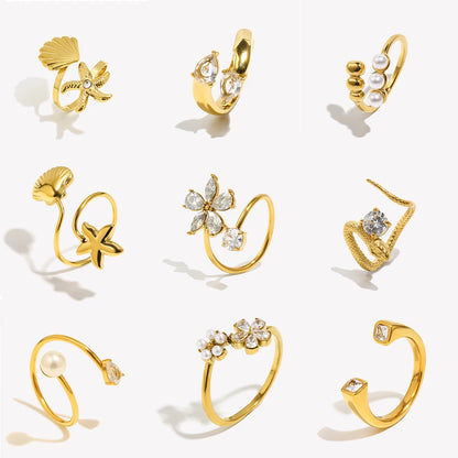 E.B.belle Heart Clear Zircon Flower Pearl Double Snake Heads Open Ring 18K Gold Plated Stainless Steel Party Women Jewlery