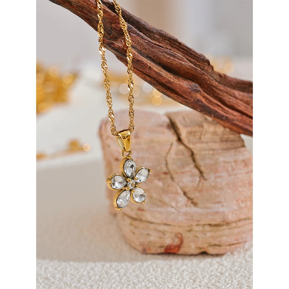 Yhpup Bling Cubic Zirconia Flower Pendant Necklace High Quality Stainless Steel Sweet Fashion Trendy Stylish Jewelry Waterproof