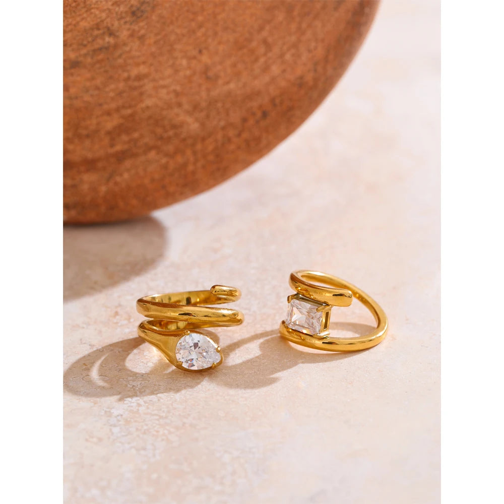 Yhpup 678# AAA Shiny Cubic Zirconia Snake Geometric Golden Ring Rust Proof Stainless Steel  Premium Jewelry 18K PVD Plated
