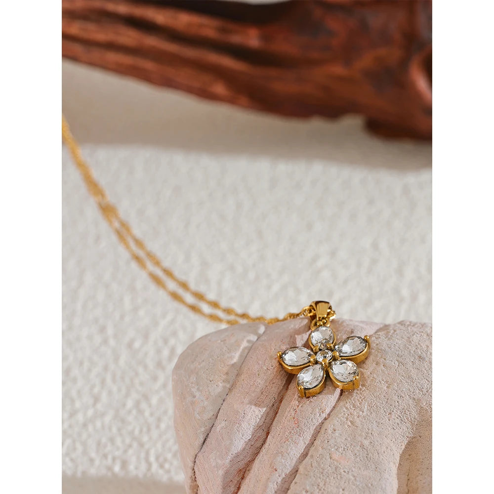 Yhpup Bling Cubic Zirconia Flower Pendant Necklace High Quality Stainless Steel Sweet Fashion Trendy Stylish Jewelry Waterproof