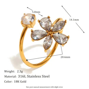 E.B.belle Heart Clear Zircon Flower Pearl Double Snake Heads Open Ring 18K Gold Plated Stainless Steel Party Women Jewlery