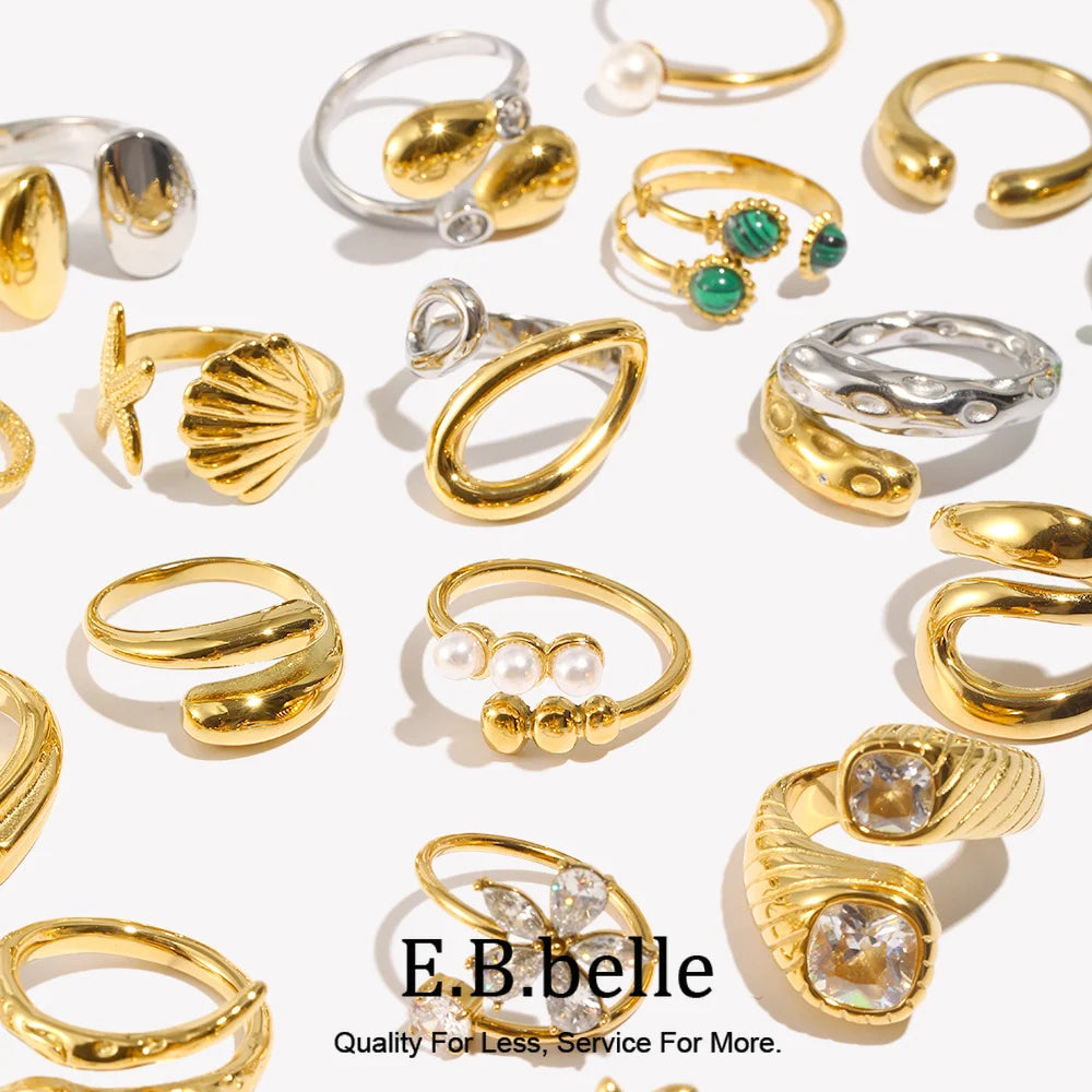 E.B.belle Heart Clear Zircon Flower Pearl Double Snake Heads Open Ring 18K Gold Plated Stainless Steel Party Women Jewlery