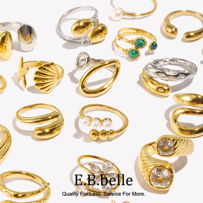 E.B.belle Heart Clear Zircon Flower Pearl Double Snake Heads Open Ring 18K Gold Plated Stainless Steel Party Women Jewlery