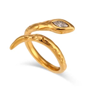 E.B.belle Heart Clear Zircon Flower Pearl Double Snake Heads Open Ring 18K Gold Plated Stainless Steel Party Women Jewlery