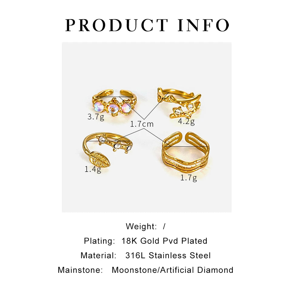 Peri'sbox New Fashion Leaf Texture Geometric Moonstone Rhinestone Open Rings for Women Anti-Tarnish Daily Jewelry Birthday Gifts