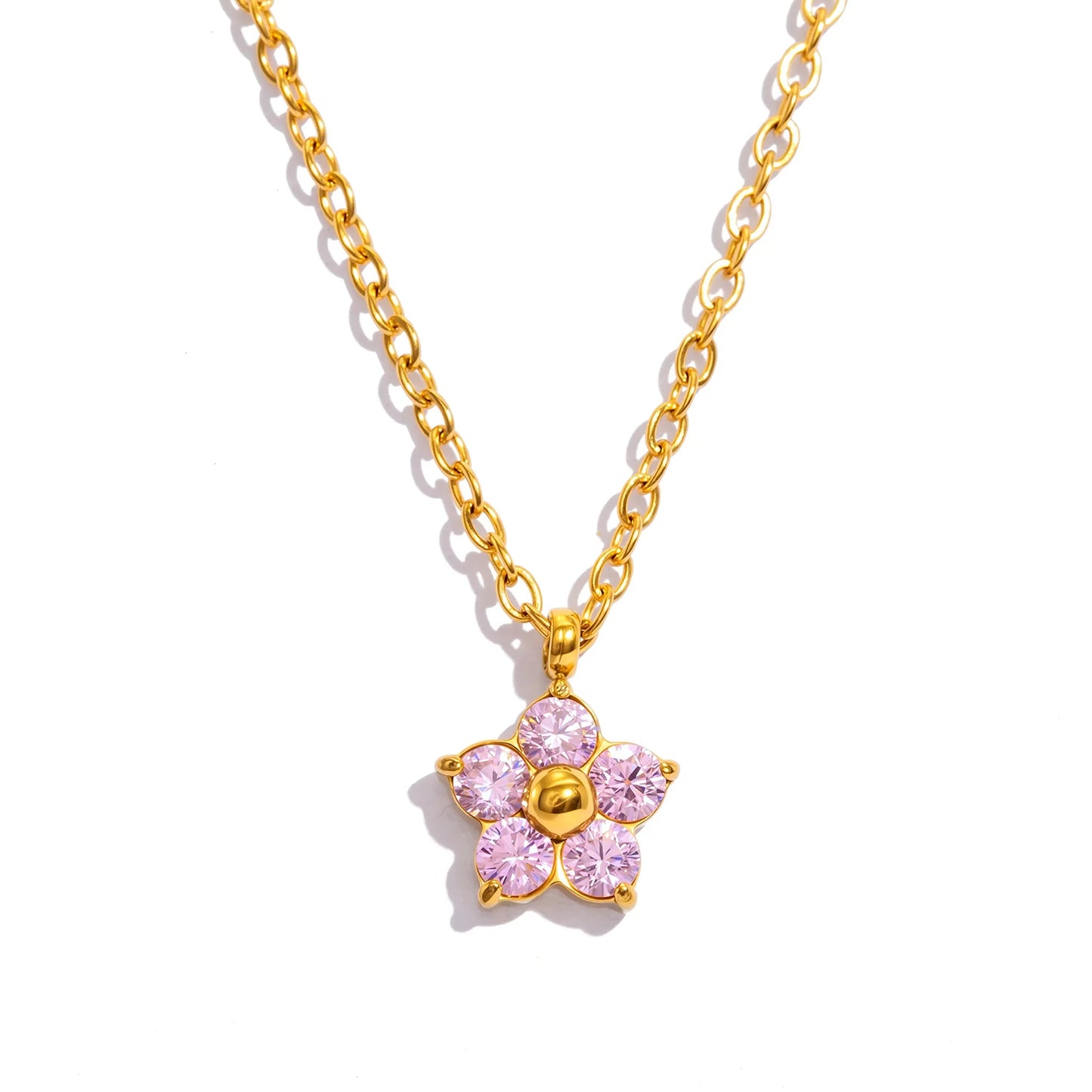 Dainty Plum Blossom Pendant Necklace with CZ - 18K Gold Plated Stainless steel, Hypoallergenic Jewelry for Women Everyday Wear