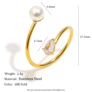 E.B.belle Heart Clear Zircon Flower Pearl Double Snake Heads Open Ring 18K Gold Plated Stainless Steel Party Women Jewlery