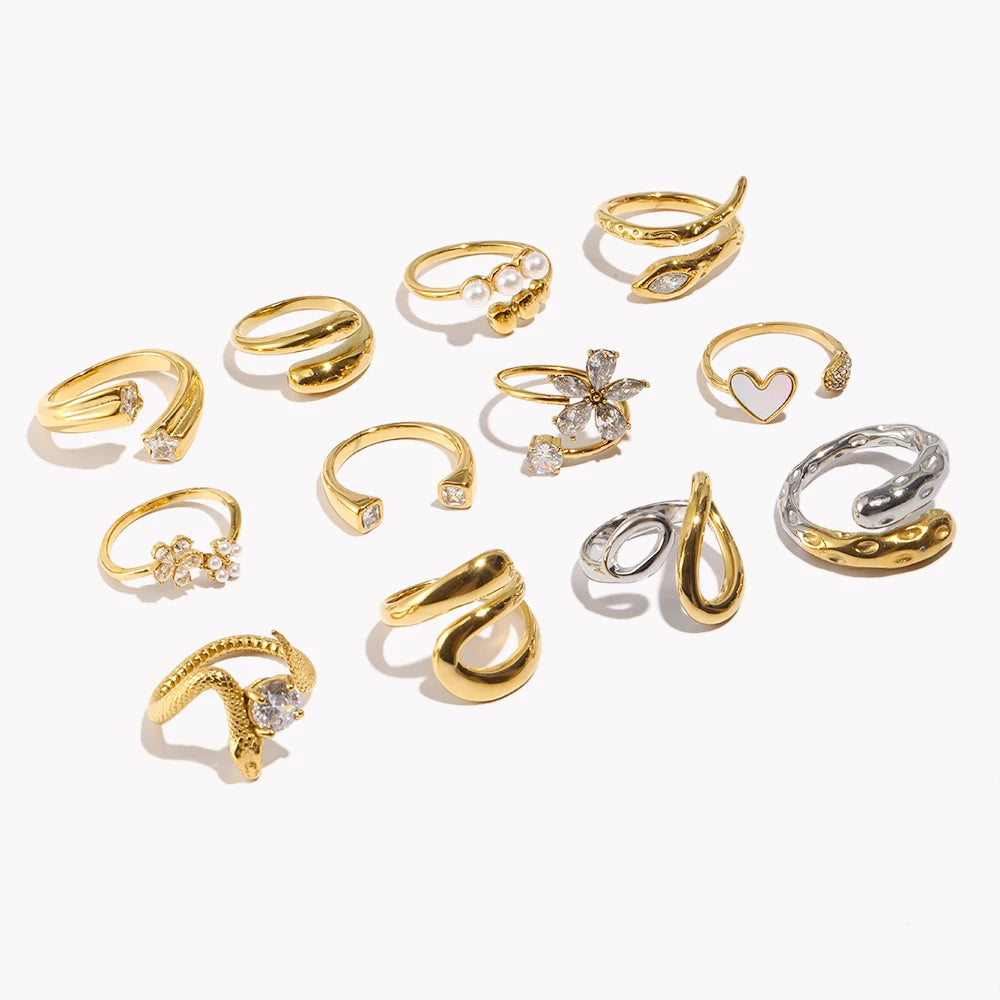 E.B.belle Heart Clear Zircon Flower Pearl Double Snake Heads Open Ring 18K Gold Plated Stainless Steel Party Women Jewlery