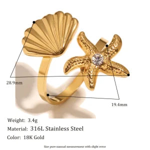E.B.belle Heart Clear Zircon Flower Pearl Double Snake Heads Open Ring 18K Gold Plated Stainless Steel Party Women Jewlery