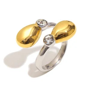E.B.belle Heart Clear Zircon Flower Pearl Double Snake Heads Open Ring 18K Gold Plated Stainless Steel Party Women Jewlery