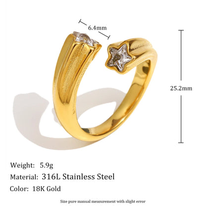 E.B.belle Heart Clear Zircon Flower Pearl Double Snake Heads Open Ring 18K Gold Plated Stainless Steel Party Women Jewlery