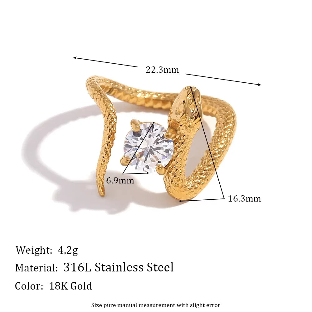 E.B.belle Heart Clear Zircon Flower Pearl Double Snake Heads Open Ring 18K Gold Plated Stainless Steel Party Women Jewlery