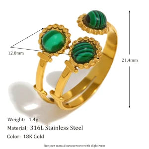 E.B.belle Heart Clear Zircon Flower Pearl Double Snake Heads Open Ring 18K Gold Plated Stainless Steel Party Women Jewlery