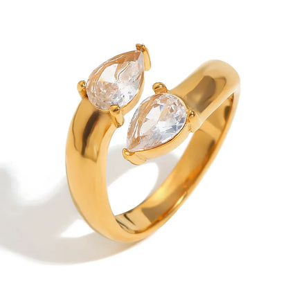 E.B.belle Heart Clear Zircon Flower Pearl Double Snake Heads Open Ring 18K Gold Plated Stainless Steel Party Women Jewlery