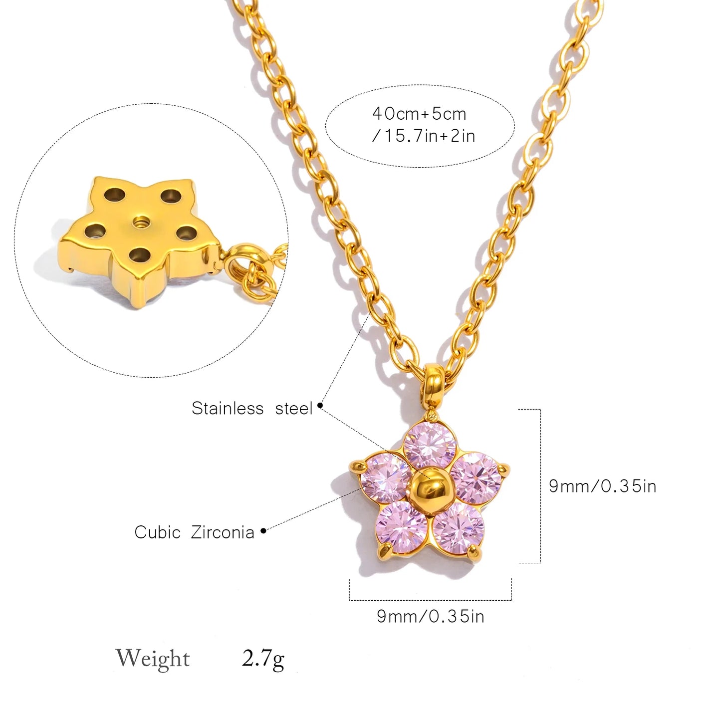Dainty Plum Blossom Pendant Necklace with CZ - 18K Gold Plated Stainless steel, Hypoallergenic Jewelry for Women Everyday Wear