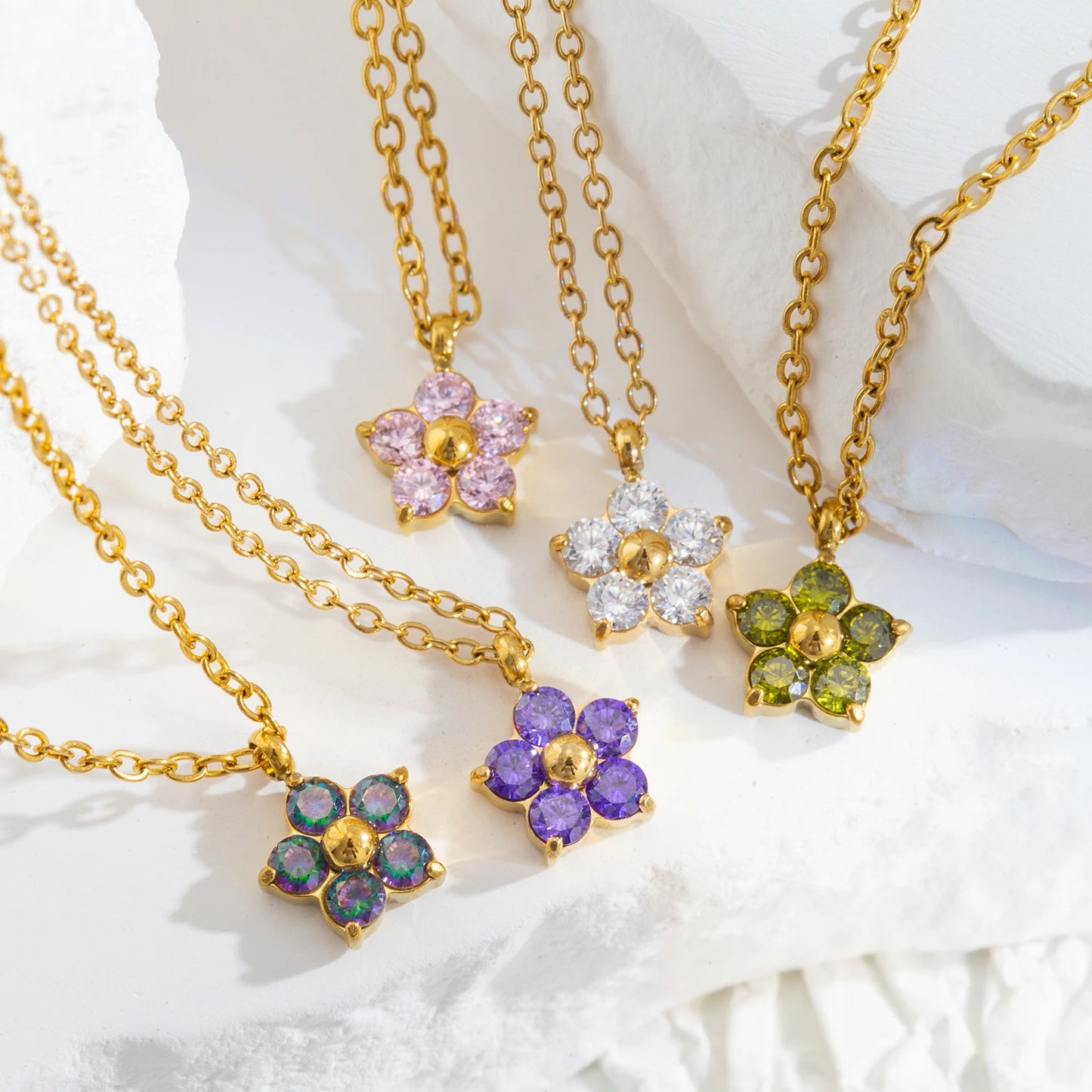 Dainty Plum Blossom Pendant Necklace with CZ - 18K Gold Plated Stainless steel, Hypoallergenic Jewelry for Women Everyday Wear