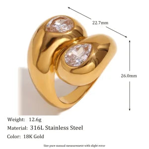 E.B.belle Heart Clear Zircon Flower Pearl Double Snake Heads Open Ring 18K Gold Plated Stainless Steel Party Women Jewlery