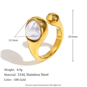 E.B.belle Heart Clear Zircon Flower Pearl Double Snake Heads Open Ring 18K Gold Plated Stainless Steel Party Women Jewlery