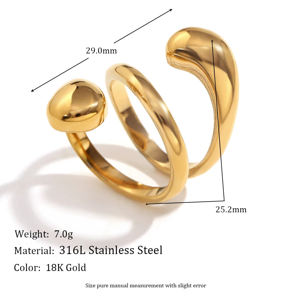 E.B.belle Heart Clear Zircon Flower Pearl Double Snake Heads Open Ring 18K Gold Plated Stainless Steel Party Women Jewlery